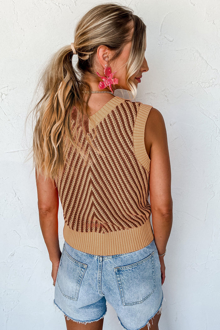 Light French Beige Contrast Chevron Knit V Neck Sweater Vest