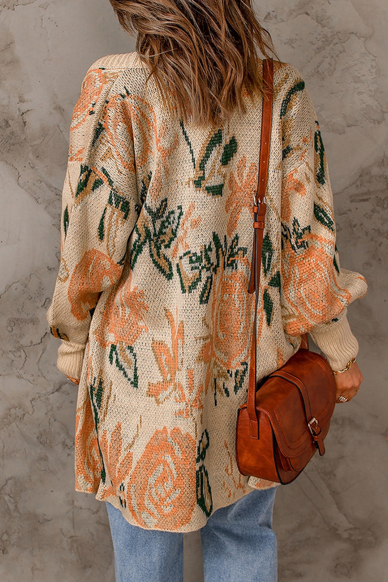 Apricot Abstract Floral Knit Button Down Long Cardigan