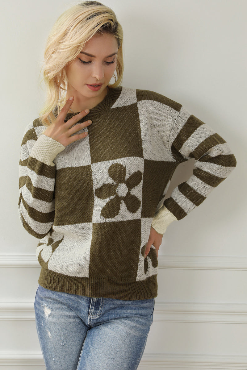 Orchid Petal Checkered Floral Print Striped Sleeve Sweater