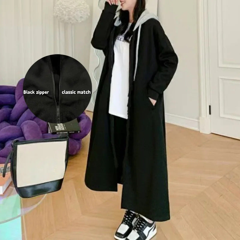 Plus Size Women's Hooded Zip-Up Winter Thick Casual Oversize Coat Black Patchwork Fake 2 Piece Hoodie Korean Matching Outerwear