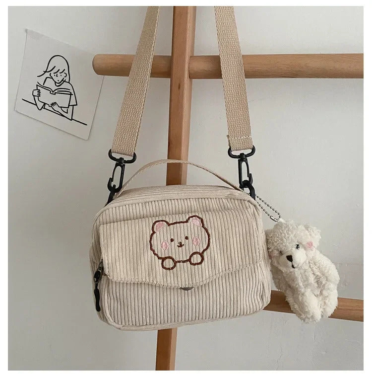 Personalized Teddy Bear Embroidered Diagonal Shoulder Bag, Corduroy Leisure Bag, WOMEN'S Crossbody Bag