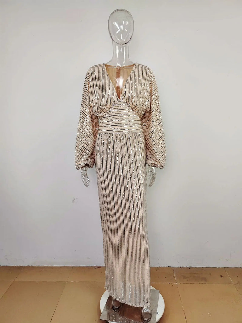 Elegant Shiny Evening Dress Women Party Long Gown Long Sleeve Sequins Even Robe Femme Bridesmaid Wedding Celebrity