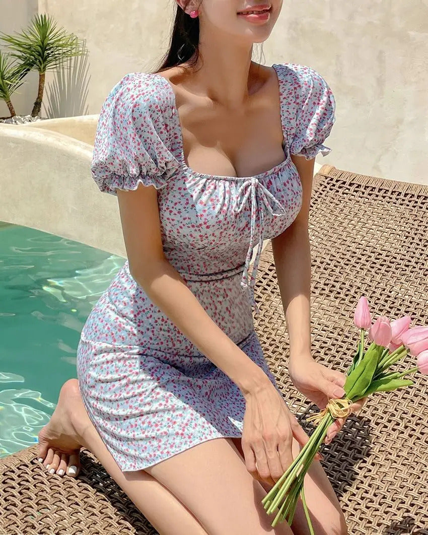 Korean Style One Piece Floral Print Swimsuit Women Short Sleeve Swimwear Padded Swimming Dress Bathing Suit Monokini Beachwear