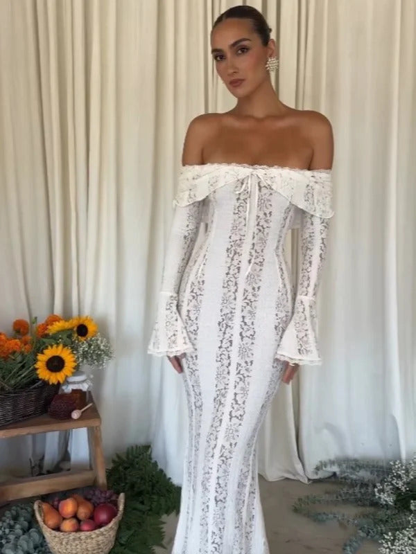 White Floral Lace Off-shoulder Maxi Dress For Women Elegant Strapless Backless Long Sleeve Bodycon Robes 2024 Lady Party Dresses