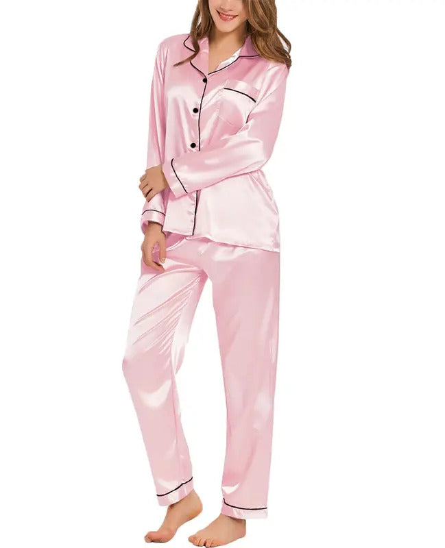 Womens Silk Satin Pajamas Loungewear Two-piece Sleepwear Button-Down Full Sleeve Long Pj Set