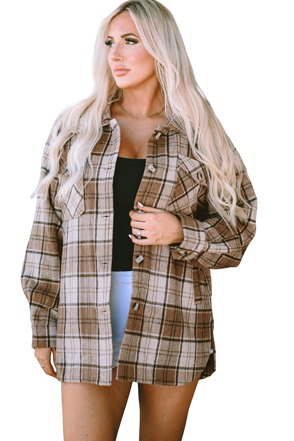 Brown Plaid Print Chest Pockets Shacket