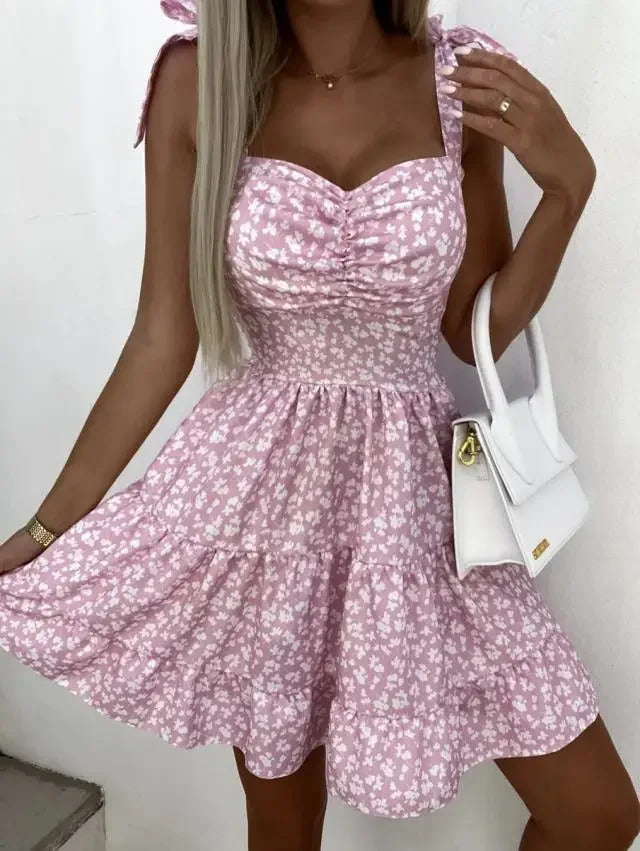 2024 Womens Strappy Short Swing Sun Dresses Ladies Summer Bohemian Floral Print Beach Mini Floral Skater Dress