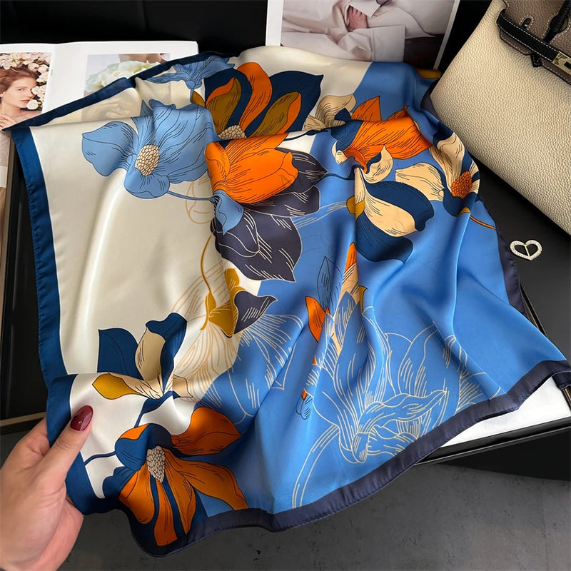 Luxury 2024 Silk Print Hair Scarf Women Floral Kerchief Neck Tie Hand Wrist Foulard Shawl Wraps Head Hijab Bandana Echarpe