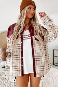 Fiery Red Plaid Patchwork Button-up Shift Shirt Jacket