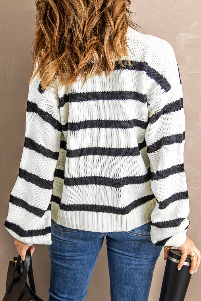 Striped V-Neck Buttoned Open Front Knitted Sweater