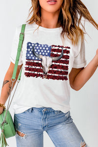 White Bull Skull American Flag Graphic Tee