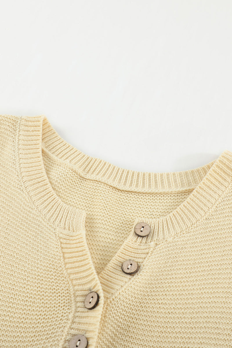 Brown Splicing Buttoned Knitted Long Sleeve Sweater