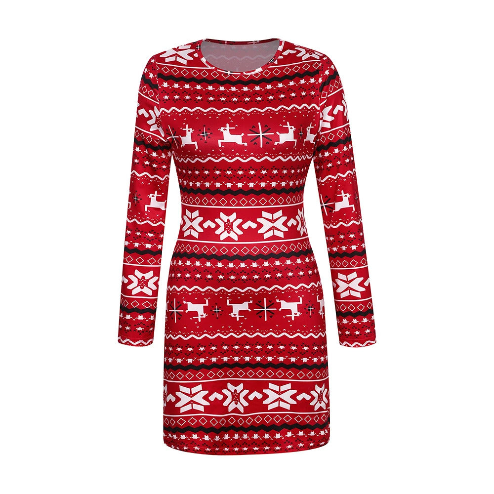 Women's Christmas Bodycon Dress Slim Fit Snowflake Printed Round Neck Long Sleeve Hip Wrap Dress New Year Winter Party Clothes