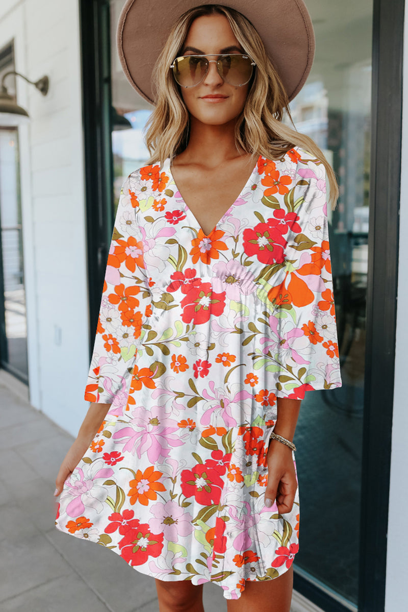 Women's V Neck 3/4 Sleeve Floral Dress