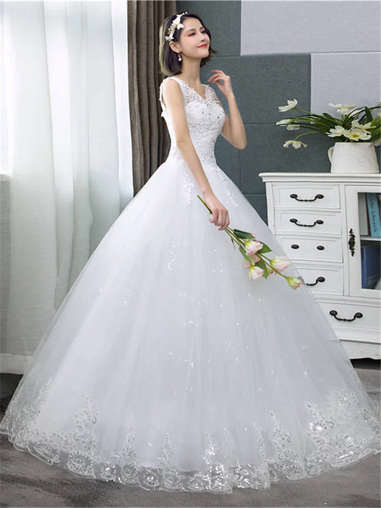 Wedding Dresses Pure White V-neck Appliques Sequined Sleeveless Princess Floor Length Plus size Wedding Gowns De Novia HS288