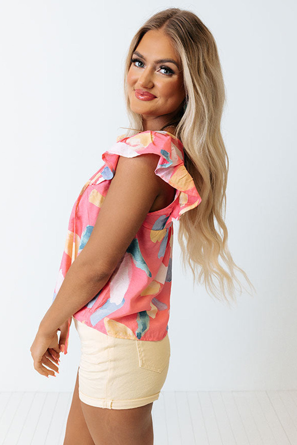 Pink Splotches Pattern Ruffled Cap Sleeve Shift Top