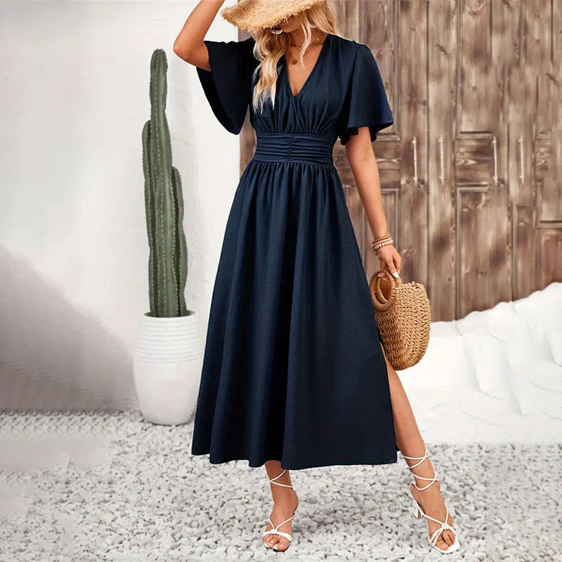 Y.KUKU New Women Dress Long Fashion Vacation Party Dresses Short Sleeve V-neck Slit Solid High Quality Vestidos Femme 2024