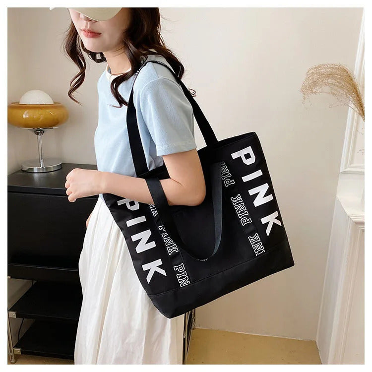 Sports Fitness Tote Bag Nylon Fabric Bags Women Handbag Pink Letter Graphic Tote Handbags Woman Shoulder Bags Casual