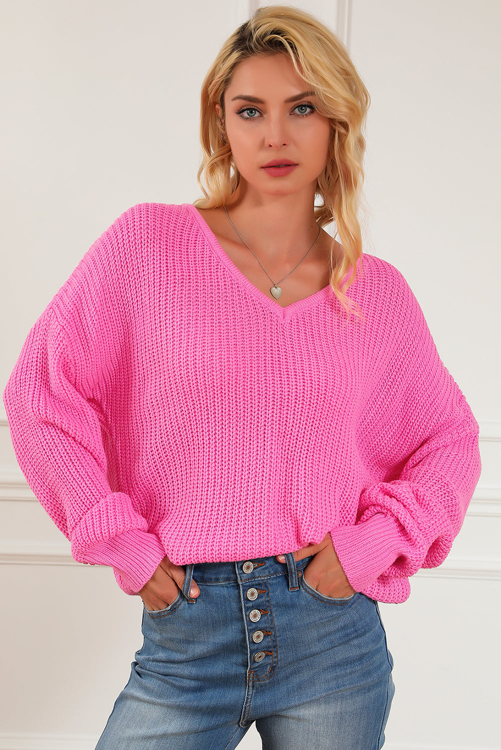 Rose V Neck Drop Shoulder Slouchy Sweater