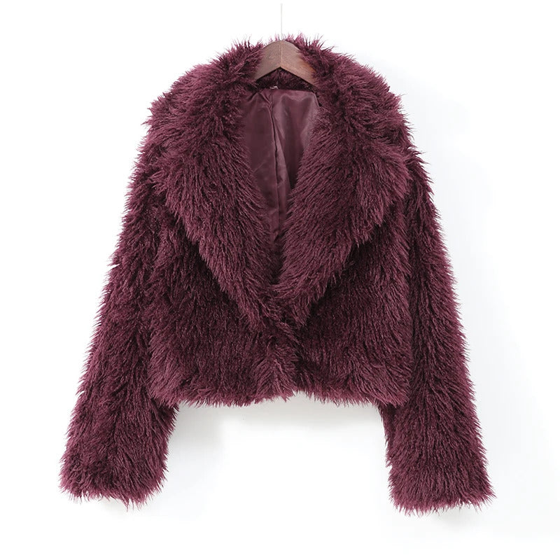 Wine Red Fluffy Faux Fur Short Coat Women Elegant Full Sleeve Warm Lapel Jacket New Winter Woman Commuter Outerwear 2024