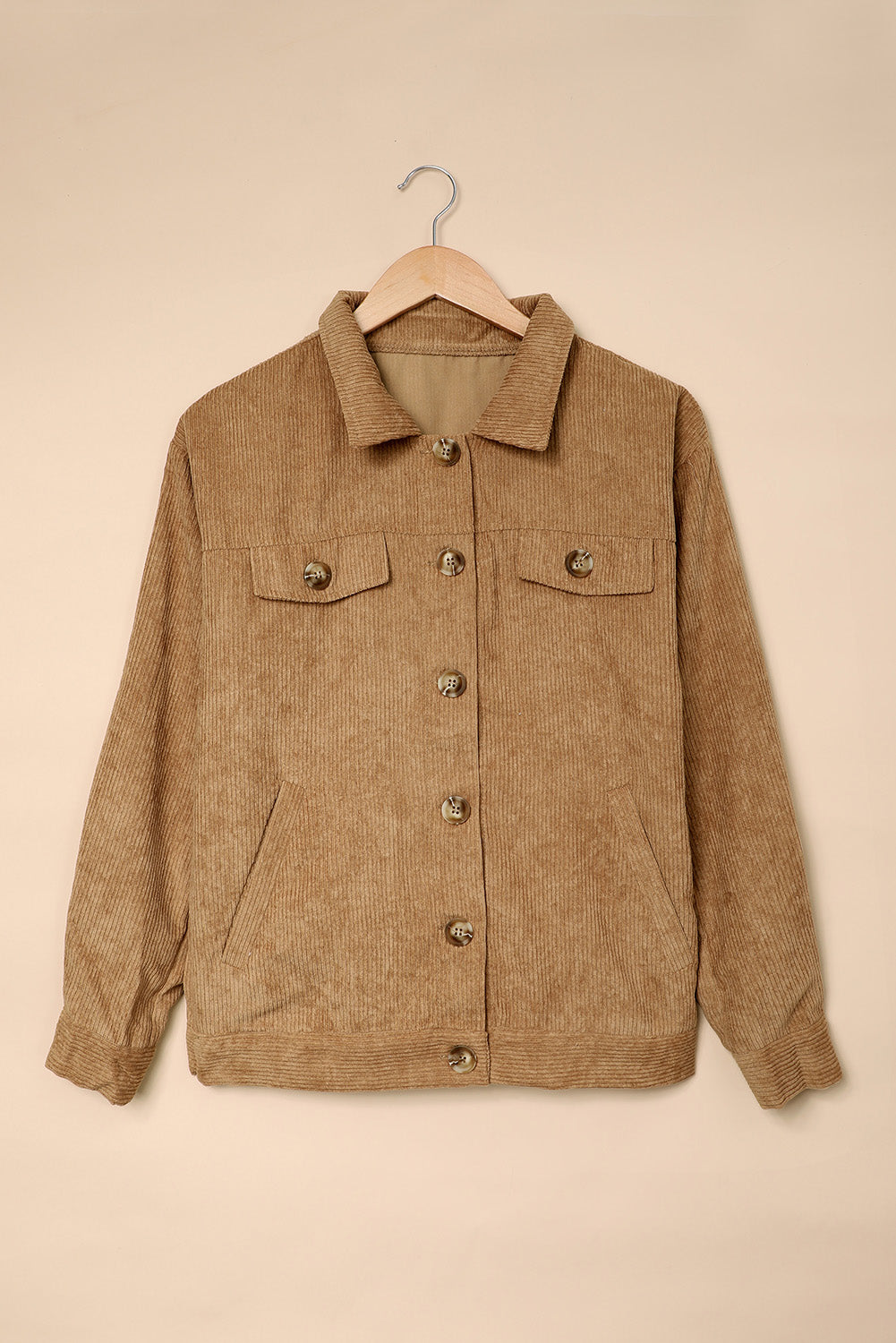 Khaki Ribbed Corduroy Long Sleeve Jacket with Pocket