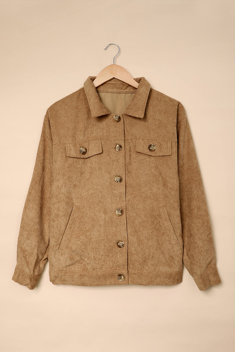 Khaki Ribbed Corduroy Long Sleeve Jacket with Pocket