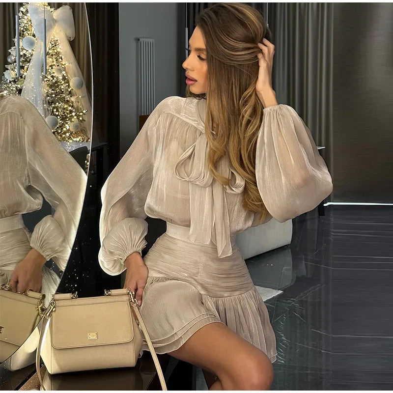 Elegant Bow Lace Up Top Skirts Set For Women O-neck Long Lantern Sleeve Blouses High Waist Pleated Skirt 2025 New Lady Outfits