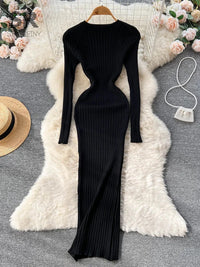 SINGREINY Winter Women Knit Maxi Dress O Neck Autumn Long Sleeve Slim Solid Harajuku Ladies Fashion Pencil Sweater Long Dresses