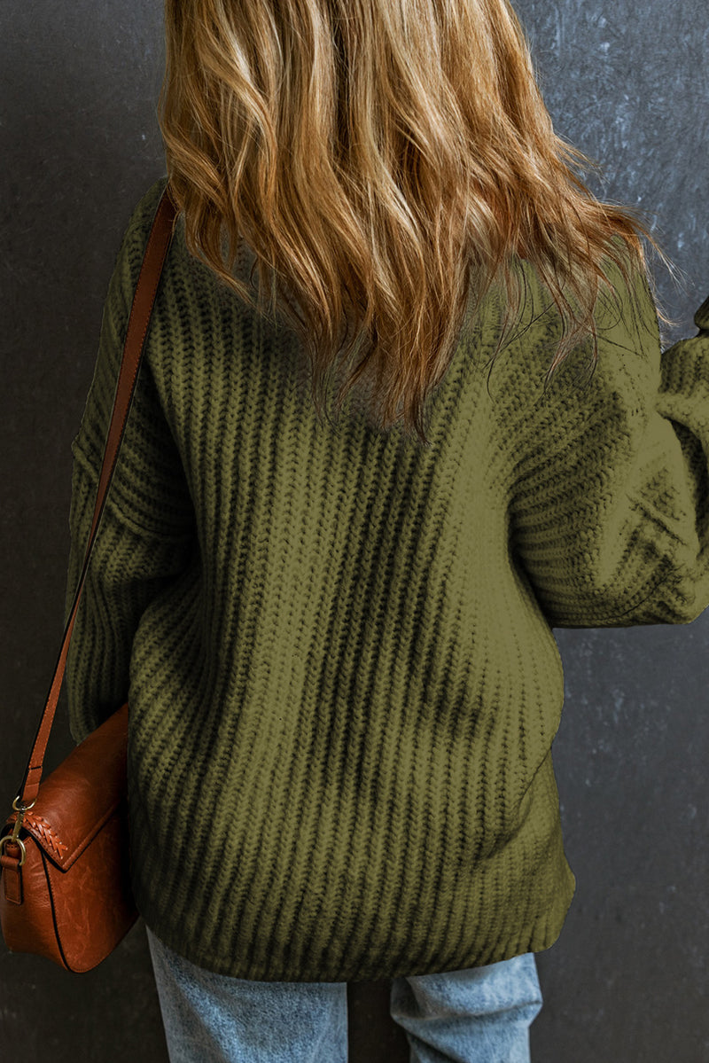 Khaki Ribbed Knit Round Neck Slouchy Chunky Sweater