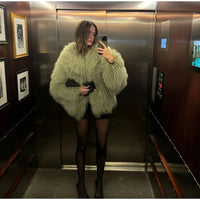 Oversize Green Faux Fur Short Jacket Coat Women Warm Thickened Fluffy Loose Long Sleeve Cardigan 2024 Winter Lady Street Outwear