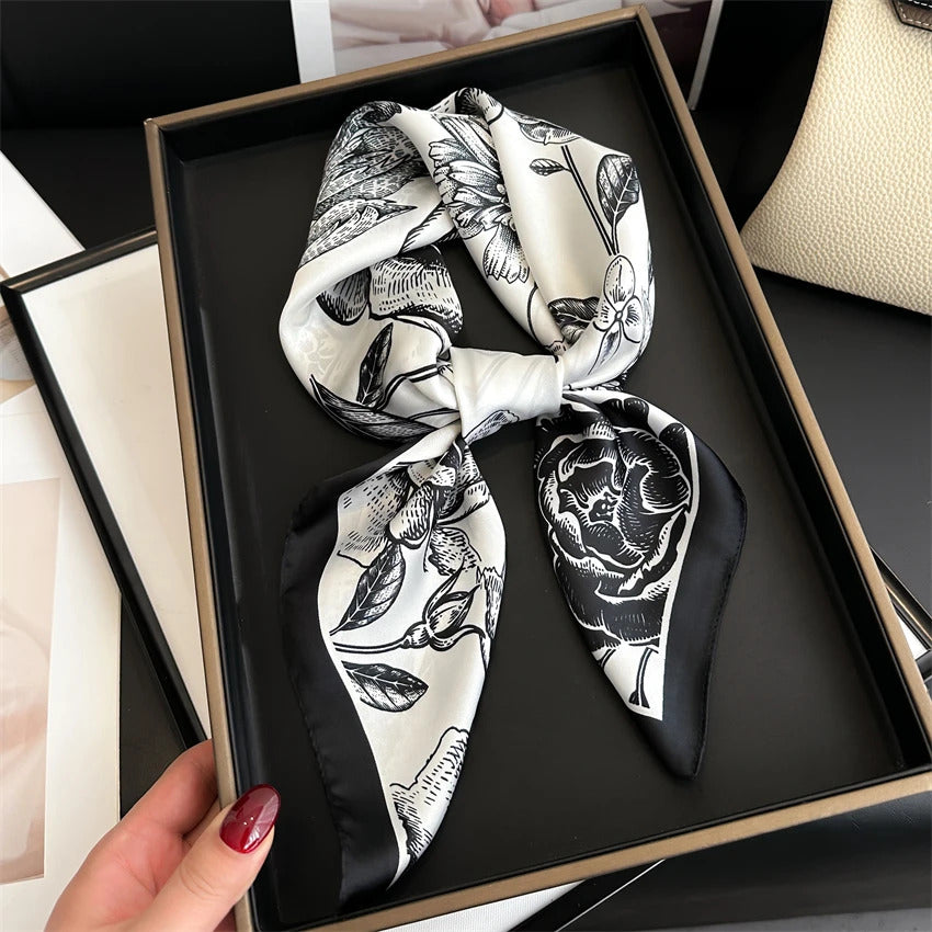 Luxury 2024 Silk Print Hair Scarf Women Floral Kerchief Neck Tie Hand Wrist Foulard Shawl Wraps Head Hijab Bandana Echarpe