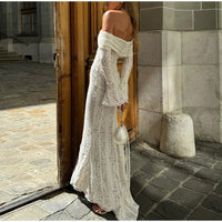 White Floral Lace Off-shoulder Maxi Dress For Women Elegant Strapless Backless Long Sleeve Bodycon Robes 2024 Lady Party Dresses