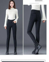 High-Waisted Women's Fleece-Lined Plus Size Jeans Elastic Waist Slimming Trousers Smooth Your Silhouette Autumn/Winter