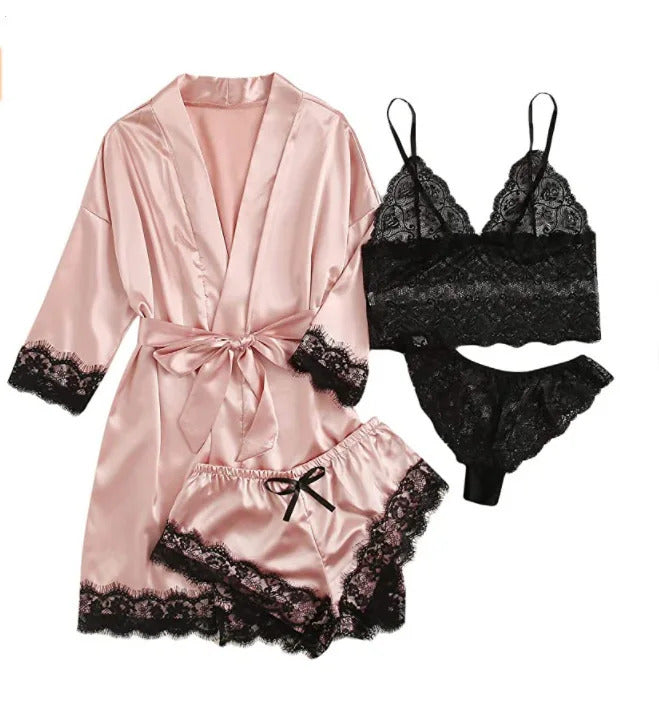 Women Fashion Pajama Print Sexy Lace Trim Faux Silk Satin Pajama Set Gown Skin Friendly Comfort Loungewear Sexy Pajamas