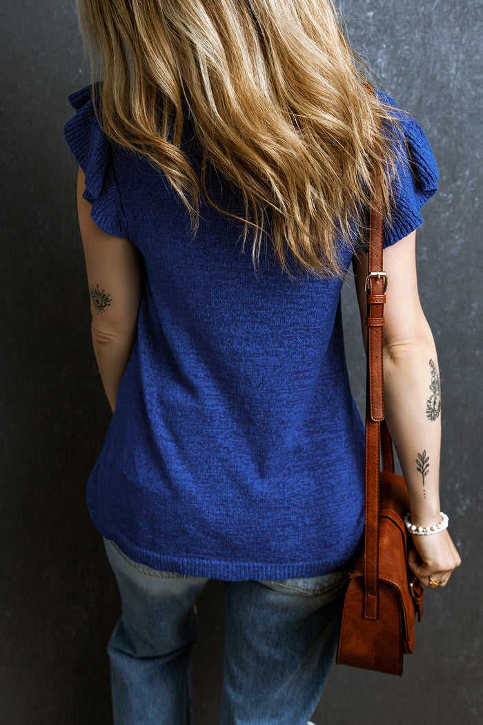 Dark Blue Ruffle Sleeve Knitted Sweater Top