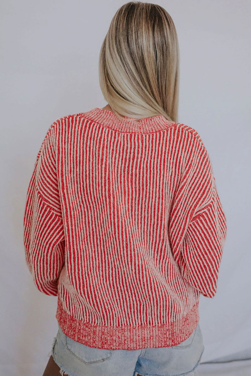 Striped Print Ribbed Trim Round Neck Sweater