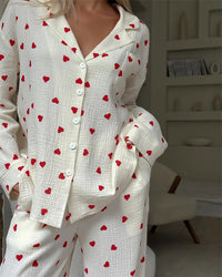 Summer New Love Heart Print Pyjama 100% Cotton Long Sleeve Set 2Pcs Outfit Lapel Sleepwear Button Down Women's Pajamas Nightwear