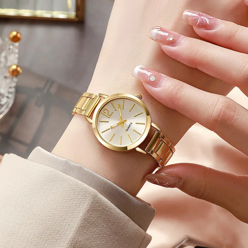 2pcs Set Watch Luxury Women Simple Dial Hollow Strap Fashion Gold Bracelet Quartz Wristwatch Student Ladies Watches Reloj Mujer