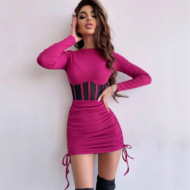 Shirring Mesh Hollow Out Bodycon Dress Women O Neck Long Sleeve Mini Vestidos Ribbed Hot Sexy Dresses Fashion High Street Wear