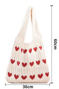 Apricot Heart Pattern Knit Large Shoulder Bag