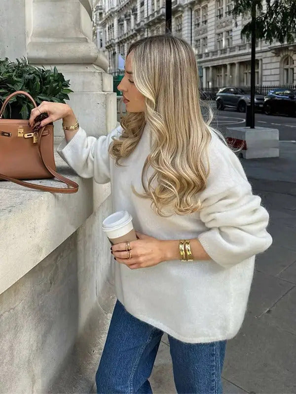 Casual Round Neck Solid Color Women's Cashmere Sweater Fashion Long Sleeved Loose Knit Pullover 2024 Autumn Lady Street Jumper