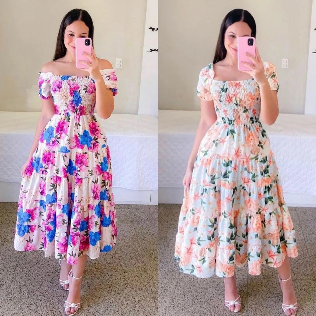 Elegant Women's Off Shoulder Midi Dress 2024 Summer Fashion dresses High Waist Flower Print Short  Sleeve Dress Robe Clothing