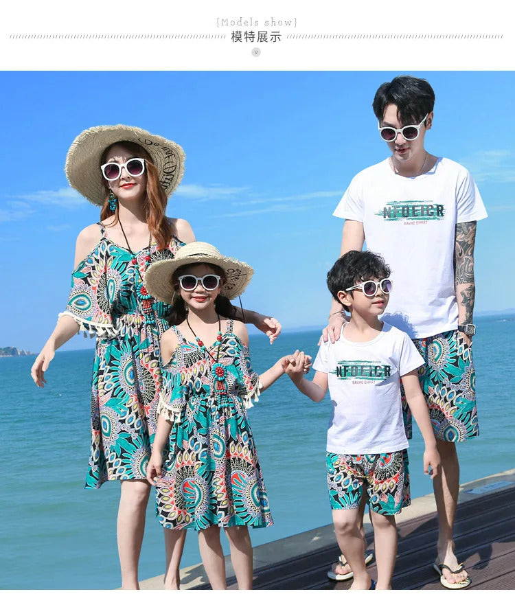 Family Matching Outfits 2022 Summer Beach Mother Daughter Floral Dresses Dad Son Cotton T-shirt & Shorts Couple Outfit Seaside