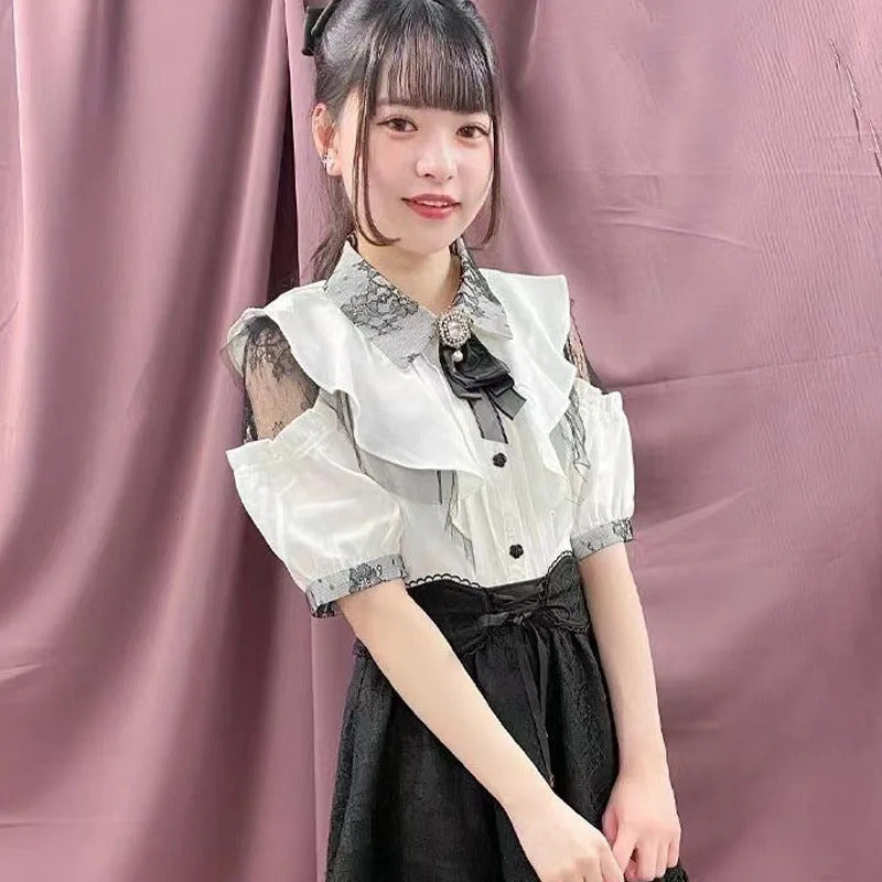 Gothic Lolita Blouses Women Sweet Bow Off Shoulder JK Shirt Japanese Girls Elegant Love Heart Lace Ruffles Blusas Mujer Tops