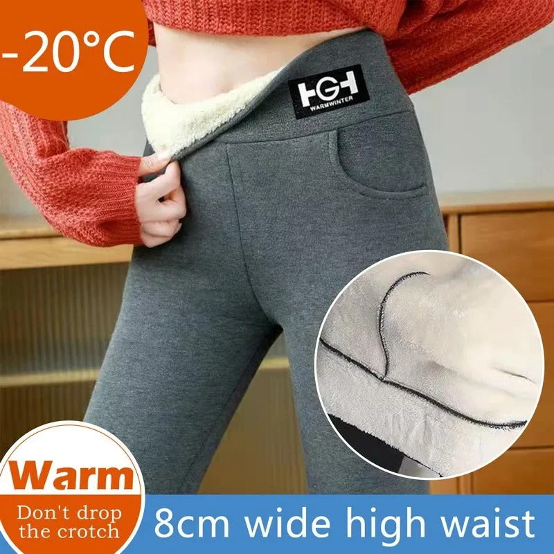 Women Winter Leggings Solid Warm Leggings Thicken Lamb Cashmere Hight Waist Butt Lift High Stretchy Walking with Pocket Pants