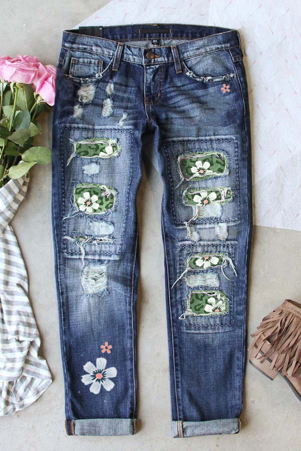 Sky Blue Floral Leopard Print Patchwork Distressed High Waist Jeans