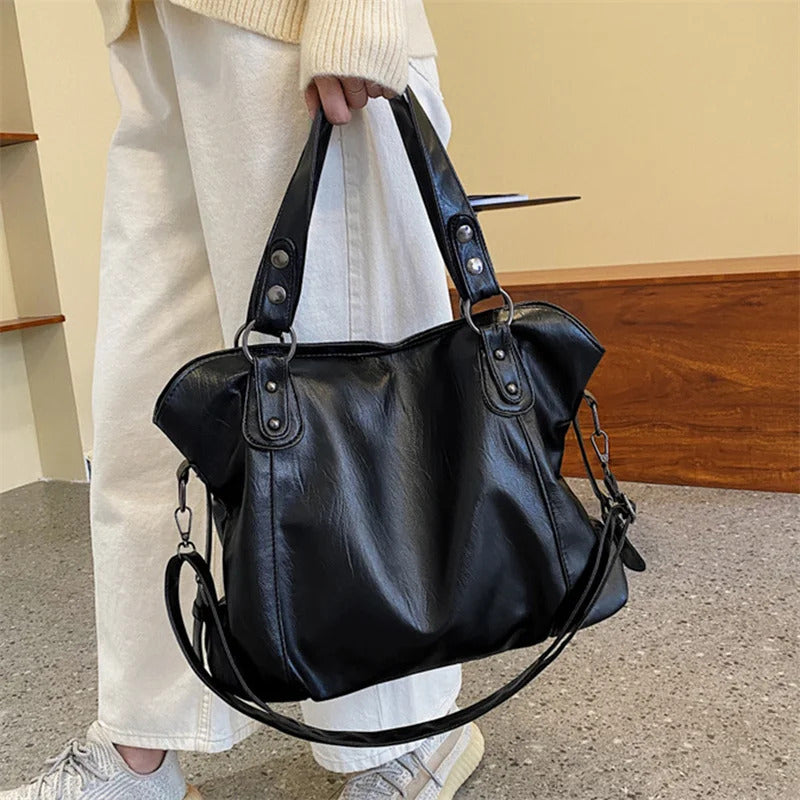 Large Capacity Black Shoulder Bags For Women Large Shopper Bag Solid Color Soft Leather Crossbody Handbag Lady Travel Tote Bag