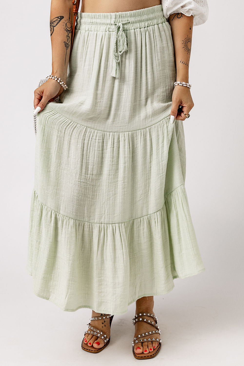 Green Drawstring High Waist Tiered Long Skirt