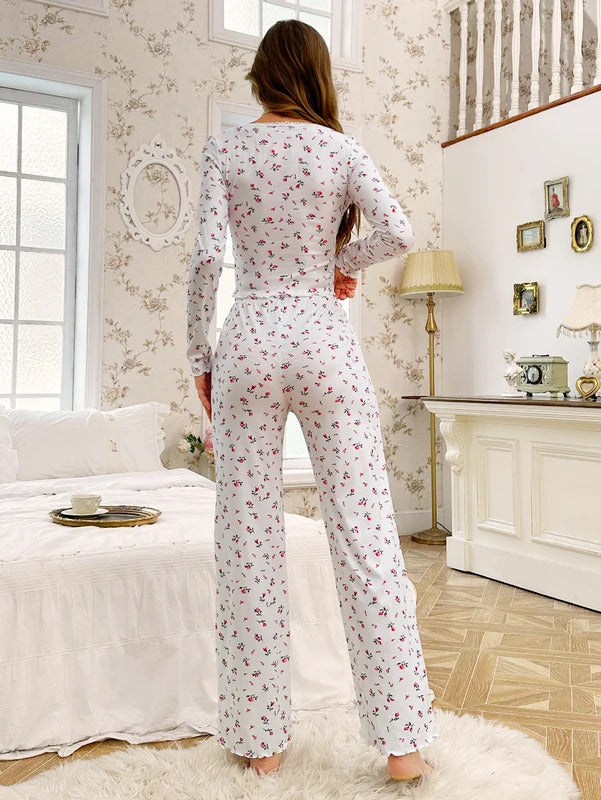 Women's Sleepwear Ditsy Floral Print Lettuce Trim PaJamas Set  Elastic Waistband  Loungewear Full Sleeve Nightwear