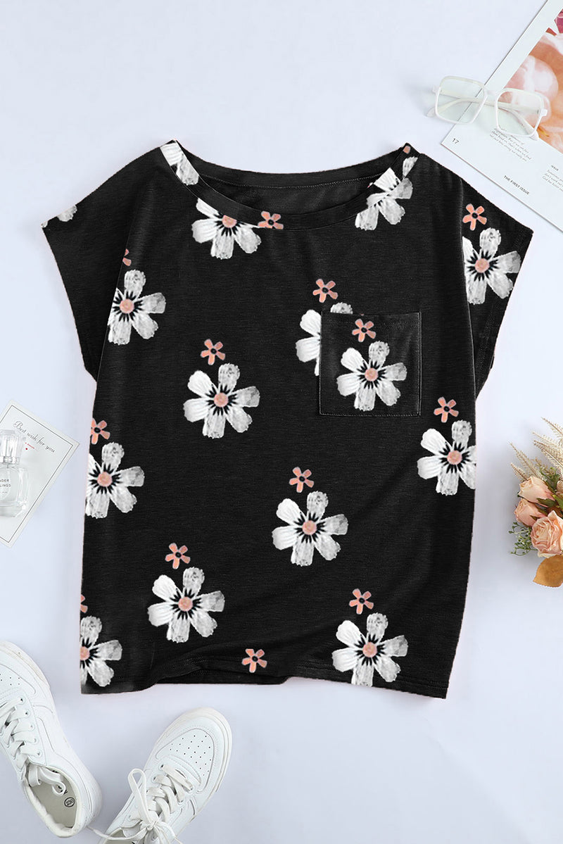 Black Floral Cap Sleeve T-Shirt with Pocket